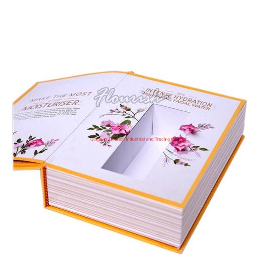 Scatola di cartone d'imballaggio del regalo dei gioielli cosmetici a forma di libro cosmetico di timbratura dell'oro