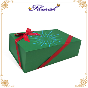 Scatola d'argento di sorpresa del regalo di compleanno del cartone rigido verde di stampa d'argento con la decorazione rossa del nastro